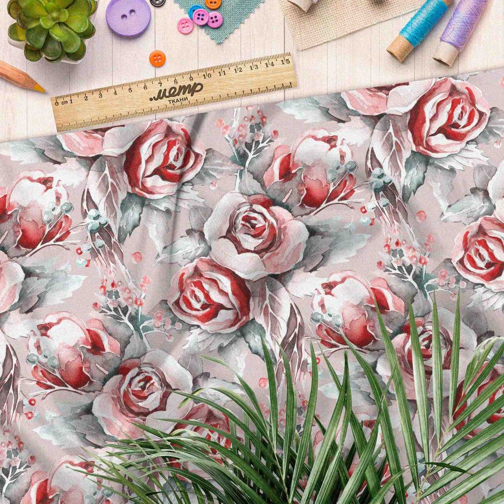 Ткань таффета акварельные розы на сером