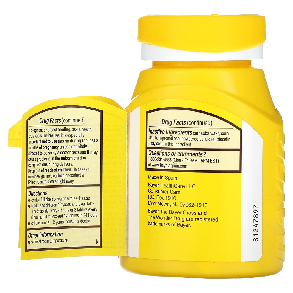 Bayer, натуральный аспирин, 325 мг, 200 таблеток, покрытых оболочкой