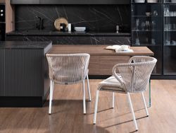 "Милан" стул плетеный из роупа, каркас алюминий белый шагрень, роуп бежевый круглый, ткань бежевая