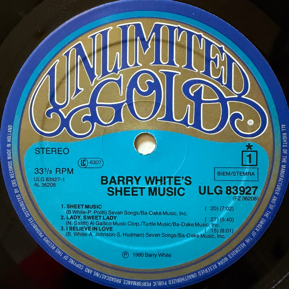 Barry White ‎– Barry White's Sheet Music (Голландия 1980г.)Т