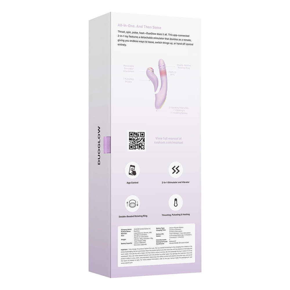 Интерактивный вибратор-кролик 19,6 см со съемным клиторальным пульсатором Svakom Duoglow App-Controlled Silicone Dual Vibrator SL278H