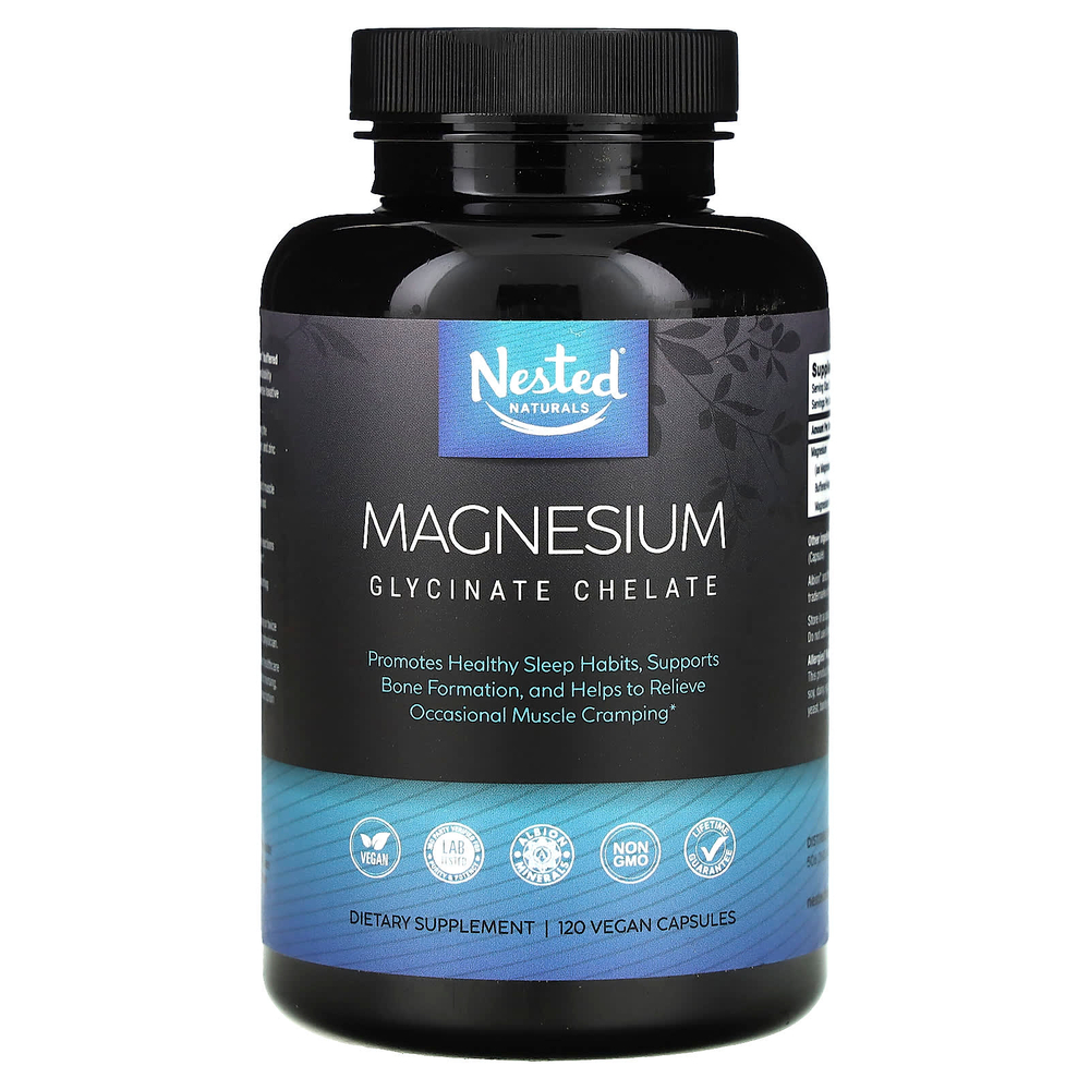 Nested Naturals, магний, хелатный глицинат, 120 веганских капсул (100 мг в 1 капсуле)