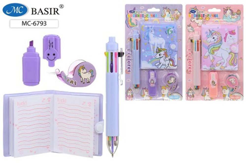 Блокнот 103*70мм клеевой кор. "Единорог" лин, на кнопке + 8цв.ручка, текст.маркер, скотч