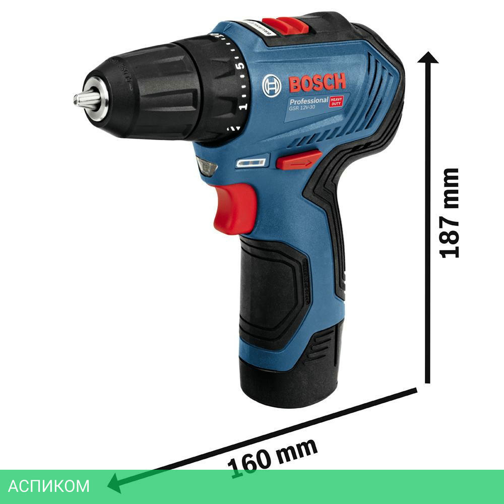 Дрель-шуруповерт Bosch GSR 12V-30 Professional с 2-мя АКБ, кейс (06019G9000)