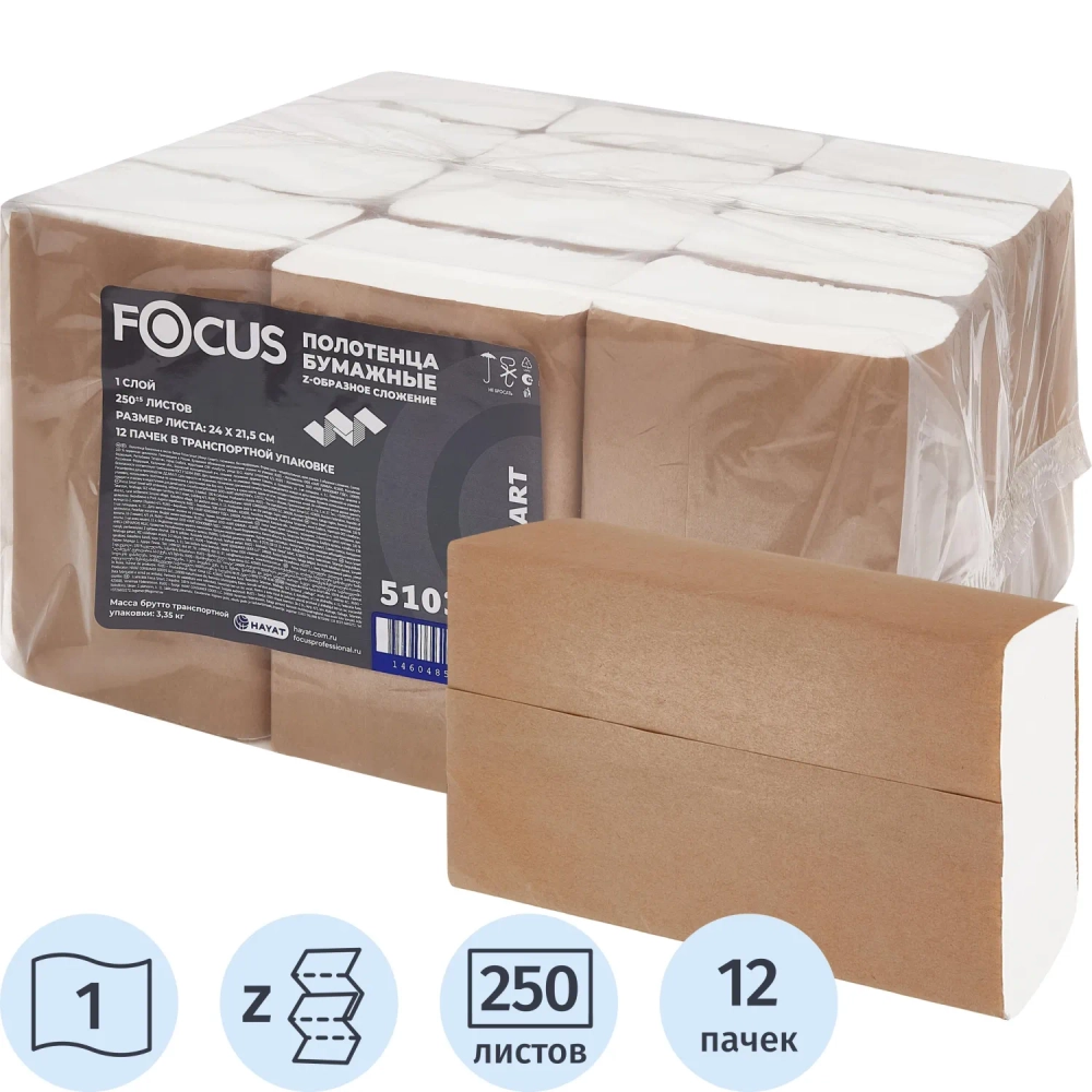 Полотенца бумажные д/дисп FocusSmart Zсл 1сл 250л 12пач/уп_5103005/50204094