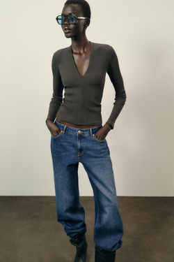 ZARA ТОП В РУБЧИК С V-ОБРАЗНЫМ ВЫРЕЗОМ, ТЕМНЫЙ ХАКИ