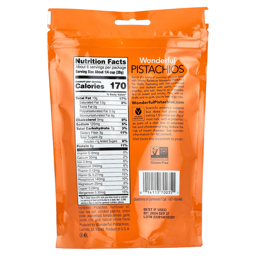 Wonderful Pistachios, барбекю с дымком, без панцирей, 155 г (5,5 унции)
