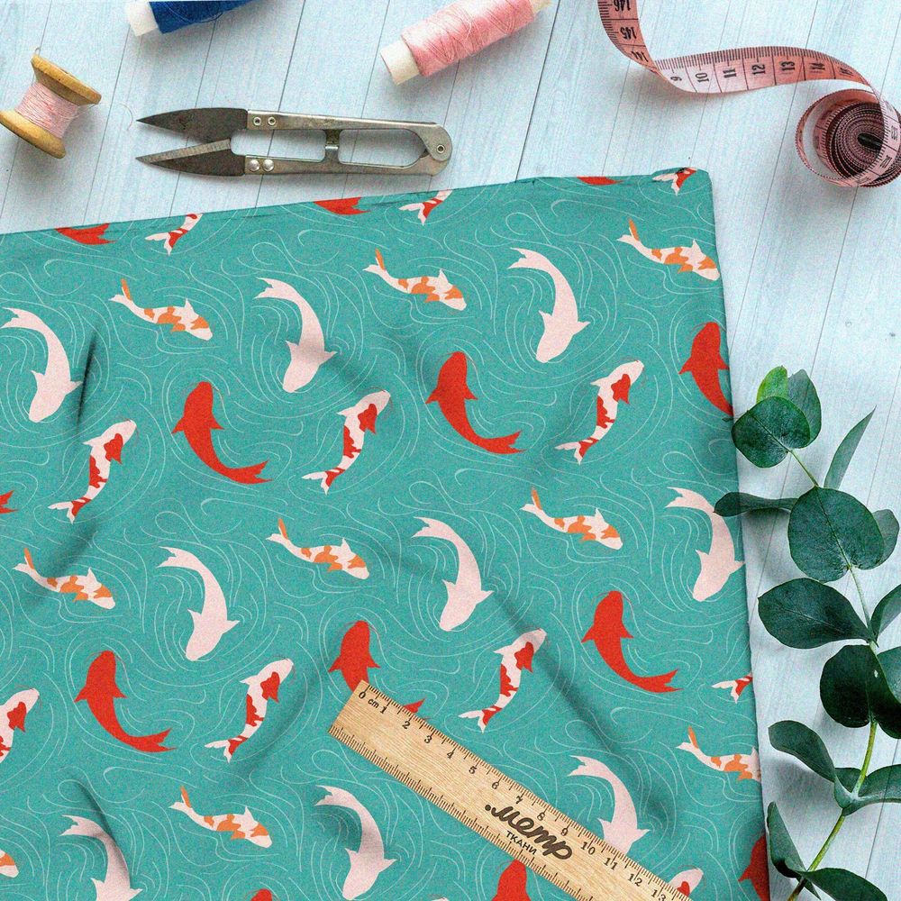 Ткань дюспо японские карпы на голубом фоне