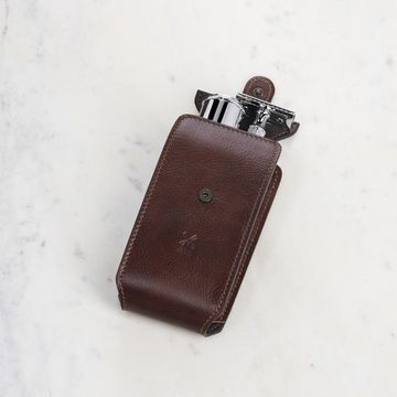 Дорожный бритвенный набор MUEHLE, чехол из натуральной коричневой кожи, дорожный помазок, Т-образная бритва