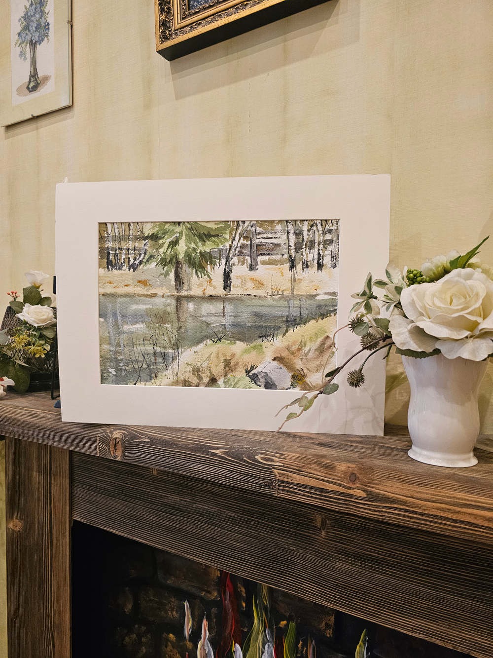 Картина авторская акварельная в паспарту 30х40 см на стену для интерьера "На берегу пруда в Тованово"