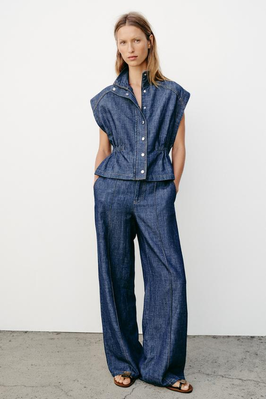 ZARA БРЮКИ ПРЯМОГО КРОЯ ИЗ СМЕСОВОГО ЛЬНА, ИНДИГО