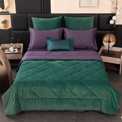 Комплект постельного белья на резинке с одеялом Вельвет Премиум «Изумрудная гладь»