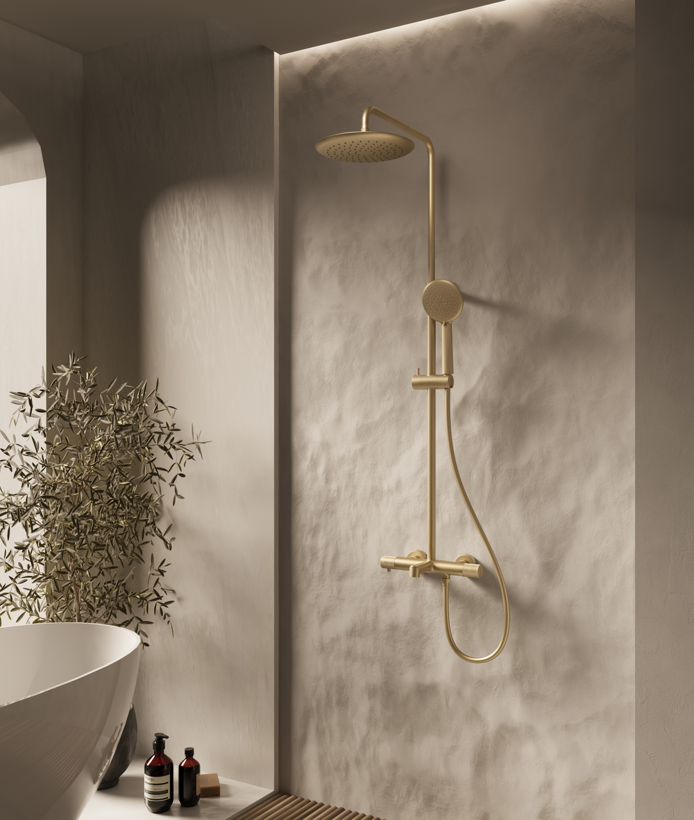 Душевая стойка Vincea Desire VSFS-1D1TBG термостатическая с изливом, 25см верх душ, брашированное золото