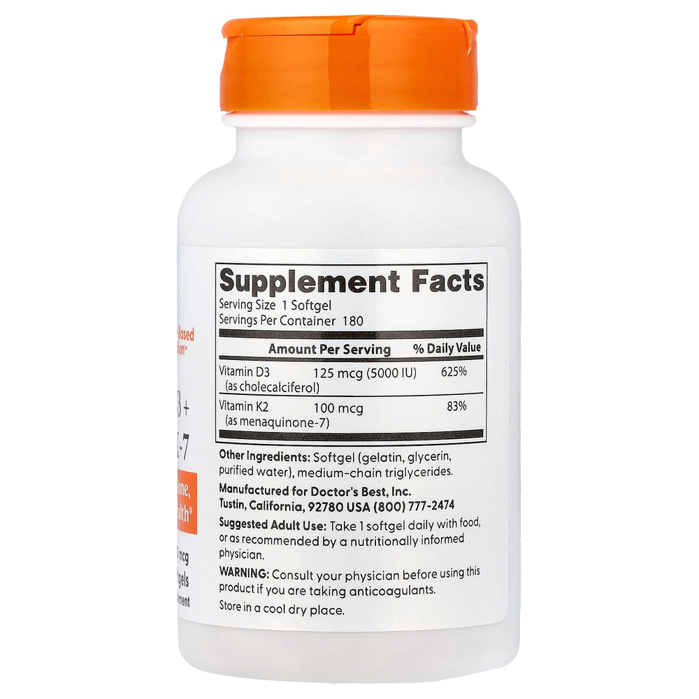 Doctor's Best, витамины D3 и K2 MK-7, 180 мягких таблеток