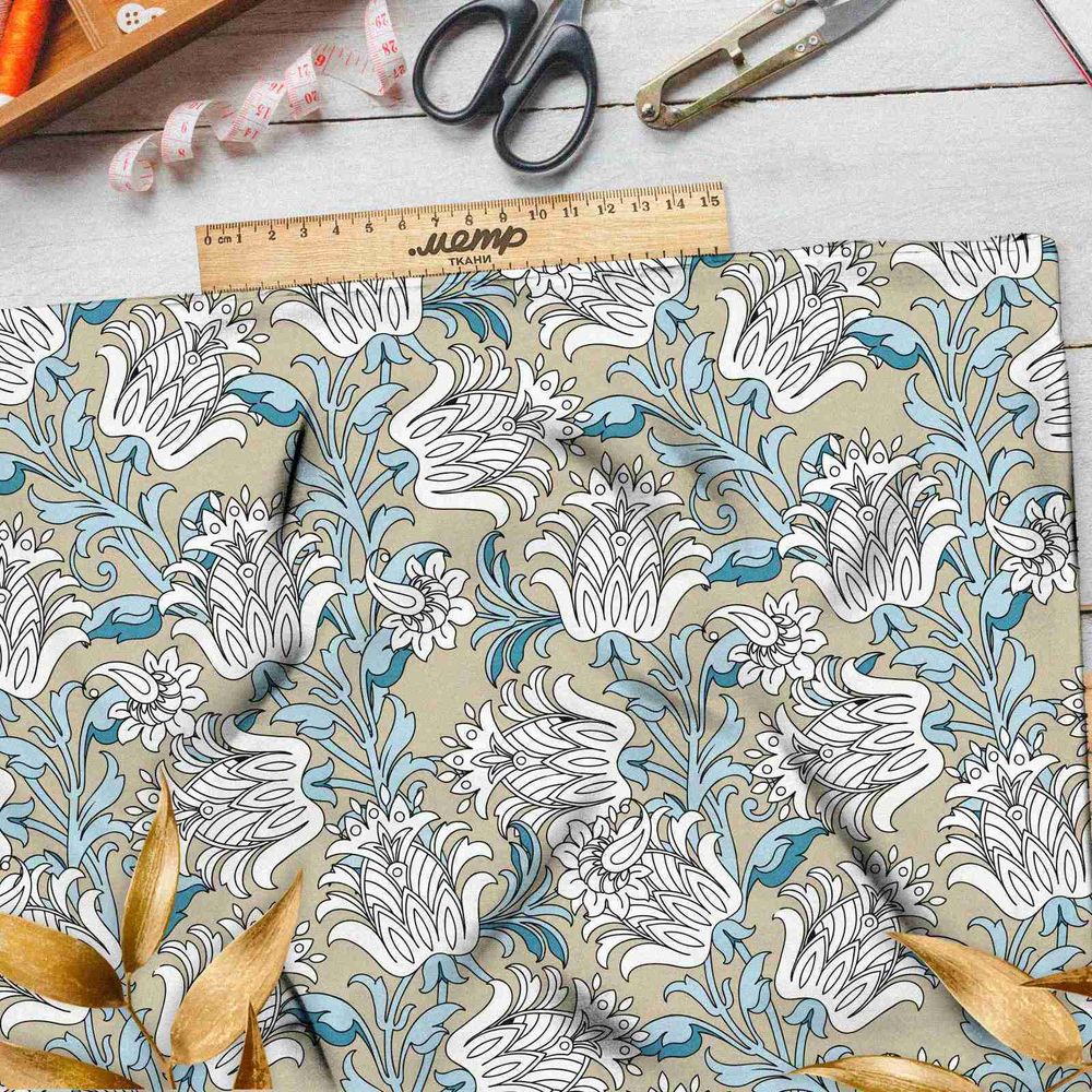 Ткань интерлок нежные листья цветов