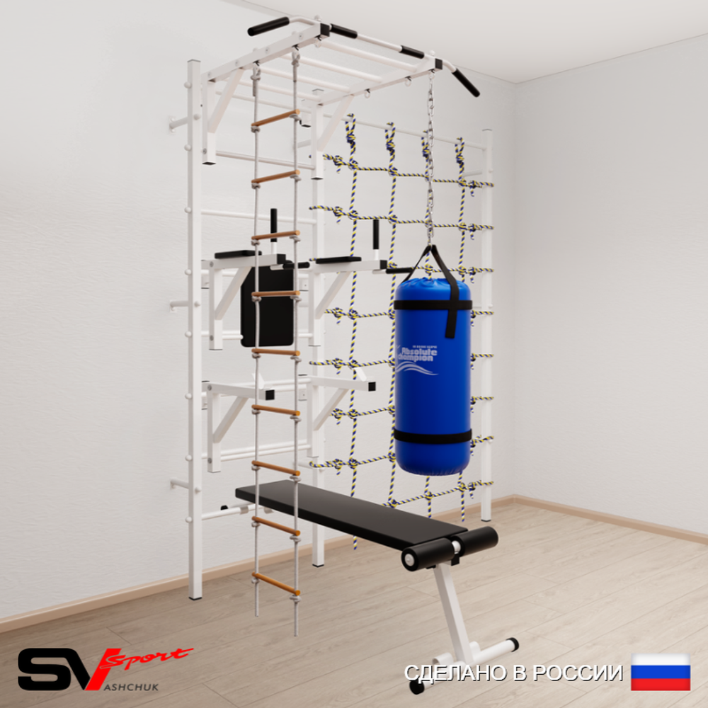 Шведская стенка Sv Sport 56230 (Турник рукоход/Брусья/Стойка/Скамья/Лестница/Цепь/Мешок 30кг/Канатный лаз)