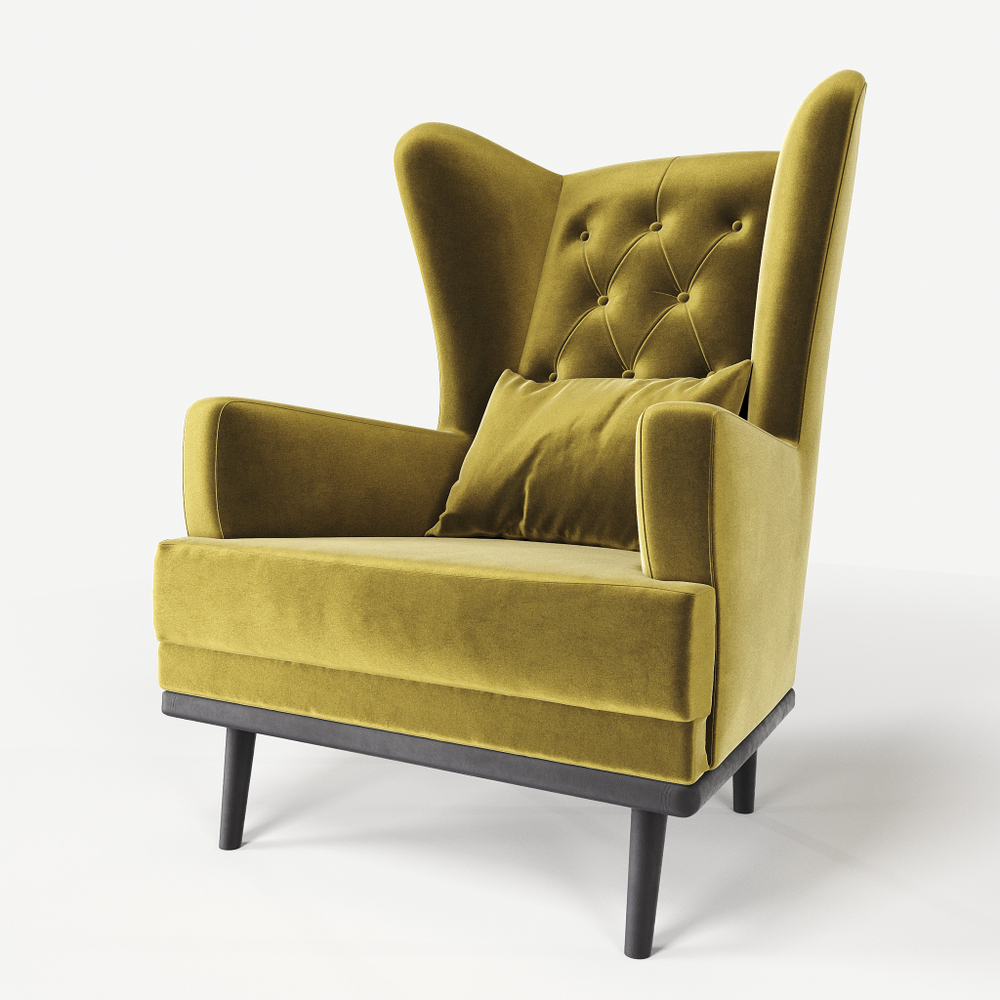 Мягкое кресло с ушами Фантазёр LUXE-7 (Желтый 44) с каретной стяжкой, на высоких ножках, для отдыха и чтения книг. В гостиную, балкон, спальню и переговорную комнату.
