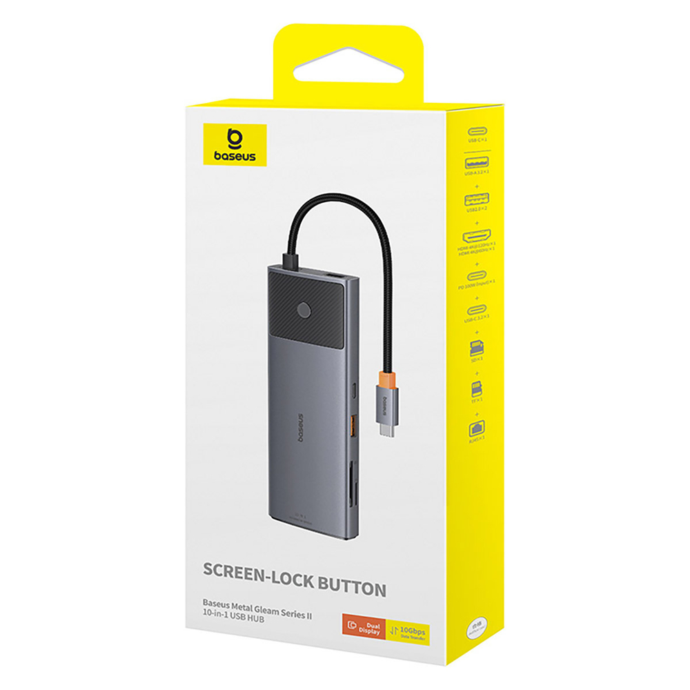 USB-C Хаб Baseus Metal Gleam II 10-in-1 (HDMI4K@120Hz + HDMI4K@60Hz + USB-A3.2(10Gbps) + USB-C3.2(10Gbps) + 2xUSB-A2.0 + RJ45 + SD + TF + USB-C-PD) - Space Grey