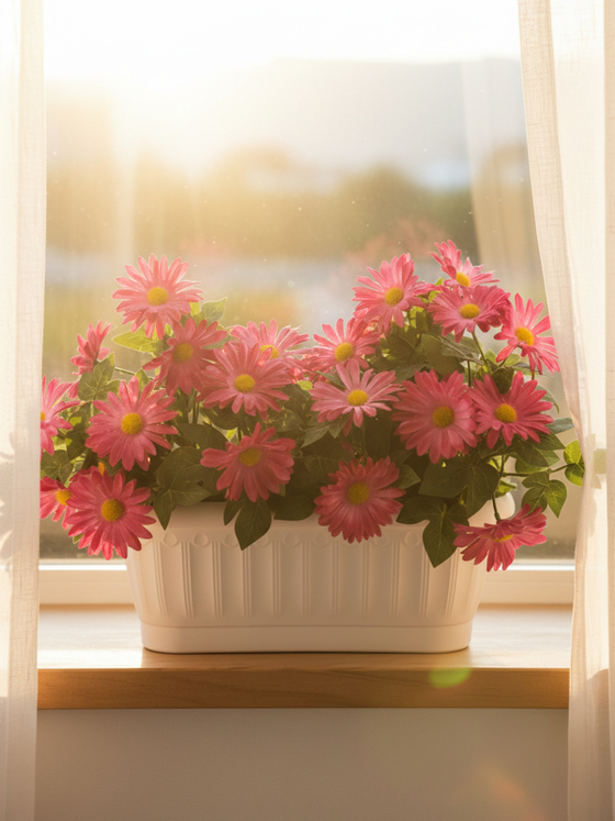 Хризантемы искусственные малиновые в балконном ящике