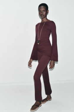 ZARA ТОП ИЗ ИНТЕРЛОКА С ДЛИННЫМ РУКАВОМ, ВИННЫЙ