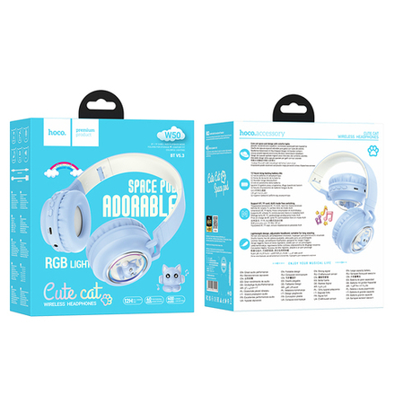 Полноразмерные Bluetooth наушники HOCO W50 (голубой) с котиком