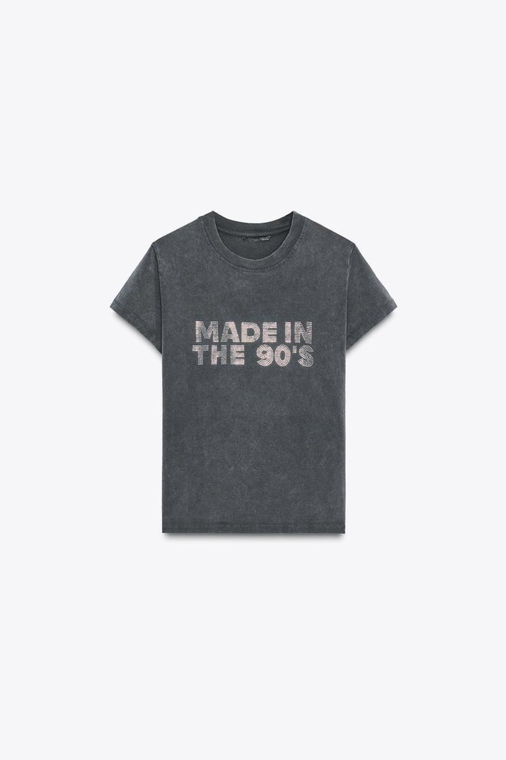 ZARA ФУТБОЛКА ИЗ ТКАНИ С ЭФФЕКТОМ ПОТЕРТОСТИ И СТРАЗАМИ, АНТРАЦИТОВО-СЕРЫЙ