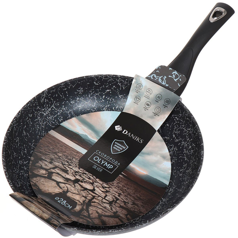 Сковорода алюминий, 28 см, антиприг, Daniks, Сильвер Олимп, серебр, FP-28-SIRO-SLV-BLK-IND, индукц