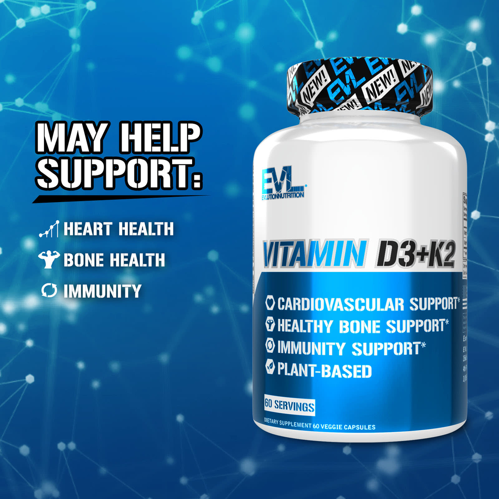 EVLution Nutrition, витамины D3 и К2, 60 растительных капсул