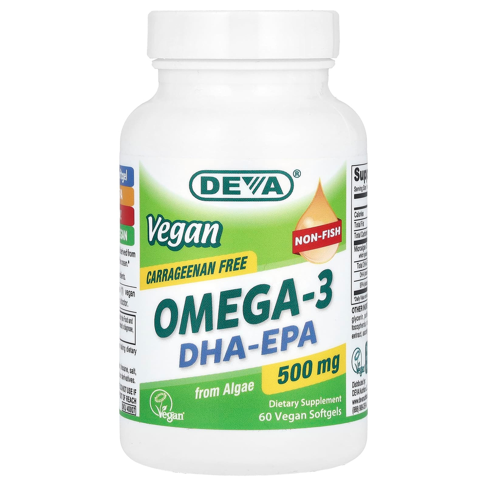 Deva, Веганские омега-3 DHA-EPA, 500 мг, 60 веганских мягких таблеток