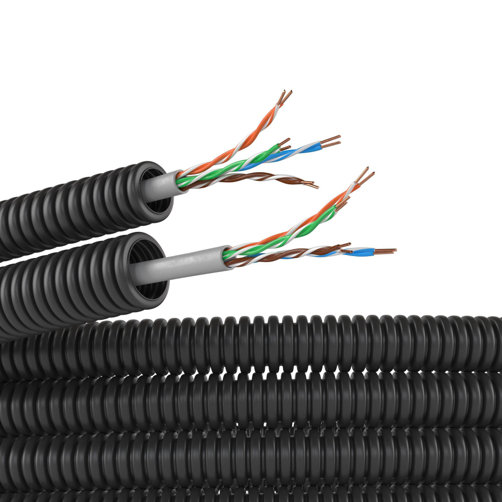 Электротруба ПНД гибкая гофрированная д. 16 мм, цвет черный, с кабелемвитая пара 5EU/UTP нг(А)-HF, 100 м