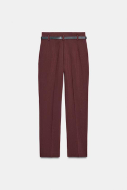 ZARA БРЮКИ С ВЫСОКОЙ ПОСАДКОЙ И РЕМНЕМ, БУРГУНДИ