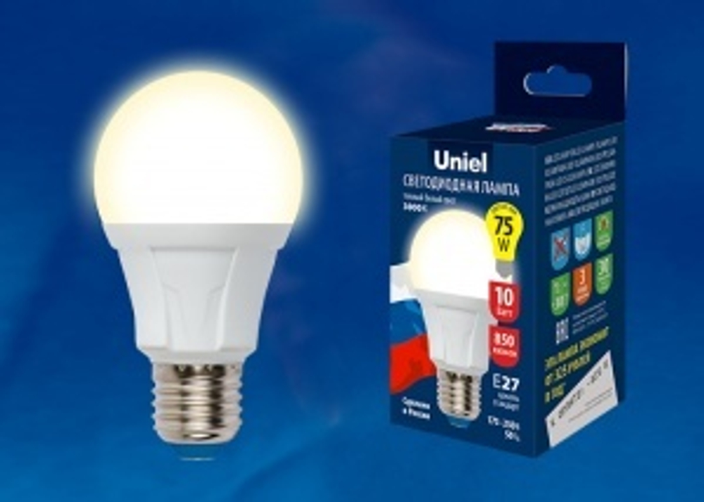 Лампа сд LED-А60  10Вт 220В Е27 3000К 850Лм UNIEL
