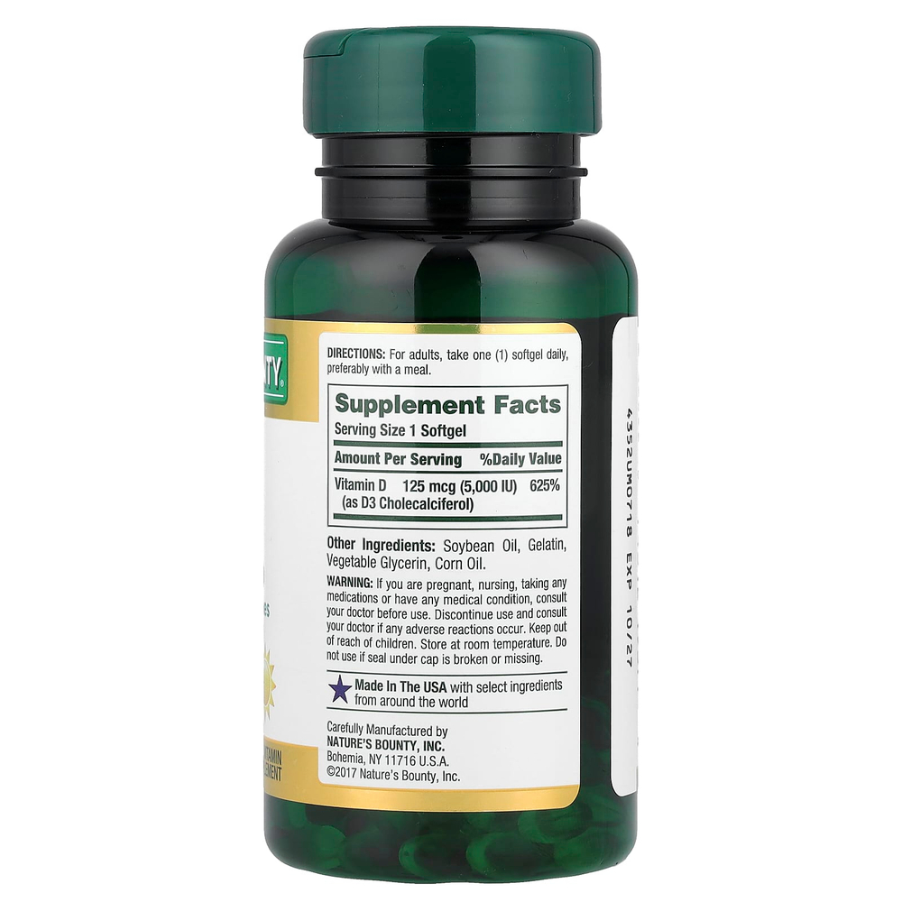 Nature's Bounty, витамин D3, 125 мкг (5000 МЕ), 150 мягких таблеток с быстрым высвобождением