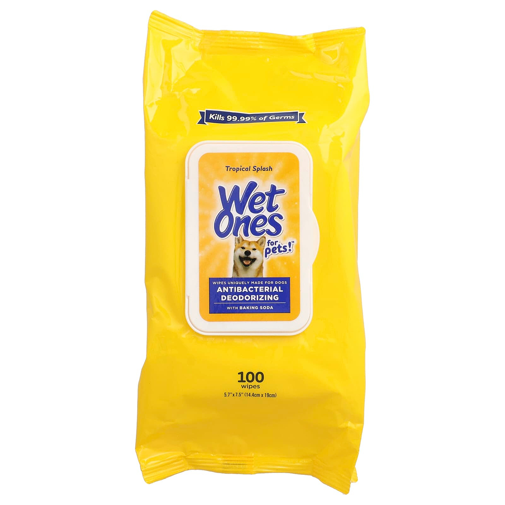 Wet Ones, Антибактериальные дезодорирующие салфетки с пищевой содой, для собак, Tropical Splash, 100 салфеток