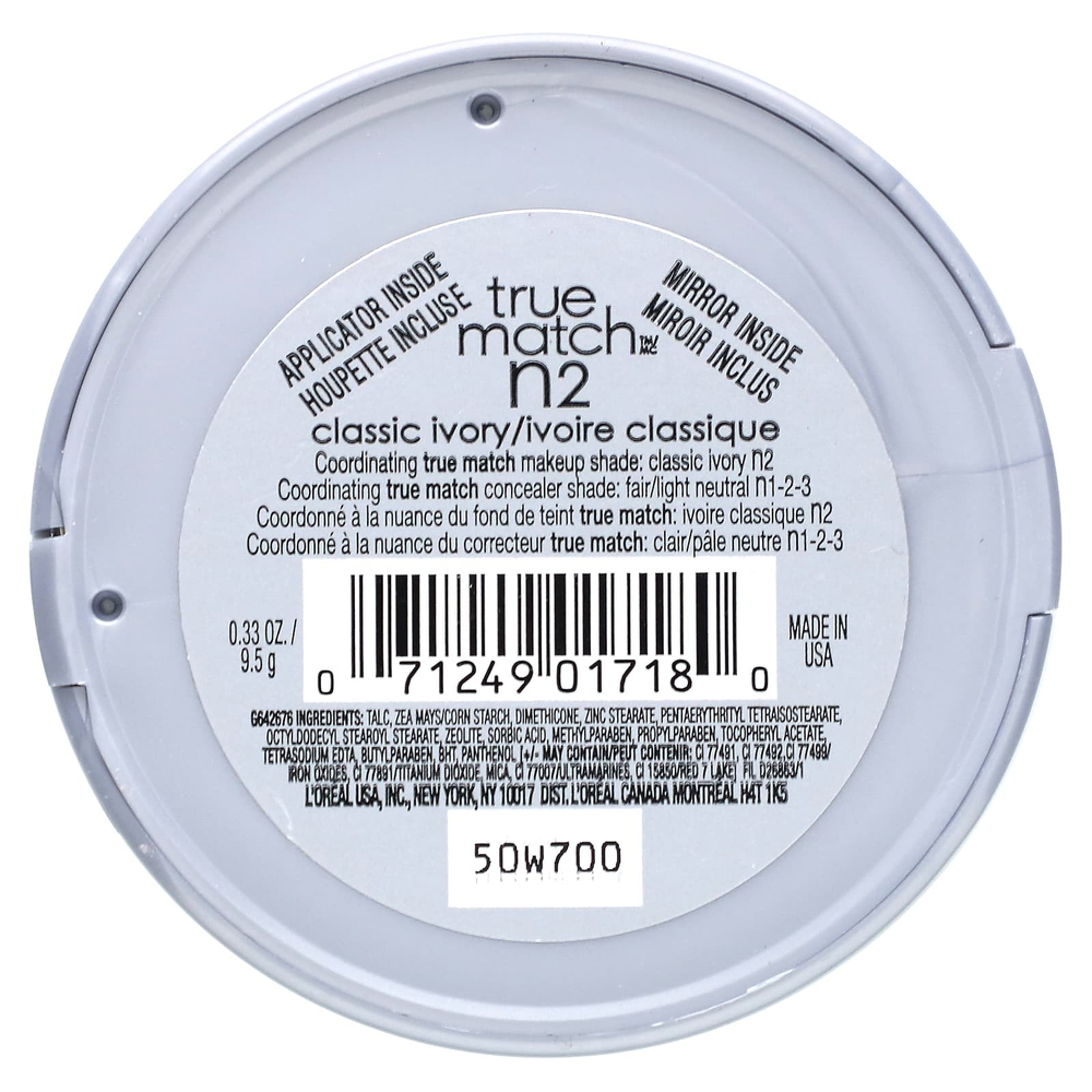 L'Oréal, True Match, суперсмываемая пудра, N2, классическая слоновая кость, 9,5 г (0,33 унции)