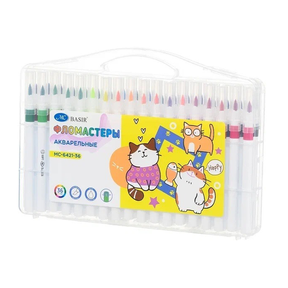 Фломастеры Basir, серия "Кошки", разноцветные, акварельные, в пластмассовом боксе, набор 36 цветов