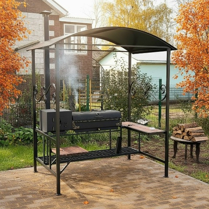 Мангальная зона 5 мм с крышей: мангал + печь под казан с трубой, столик и табуретка