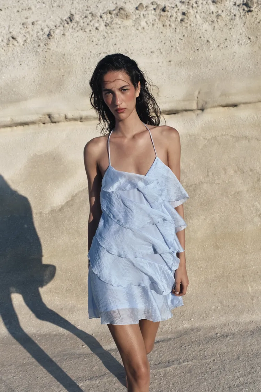 ZARA КОРОТКОЕ ПЛАТЬЕ С ВОЛАНАМИ, НЕБЕСНО-ГОЛУБОЙ