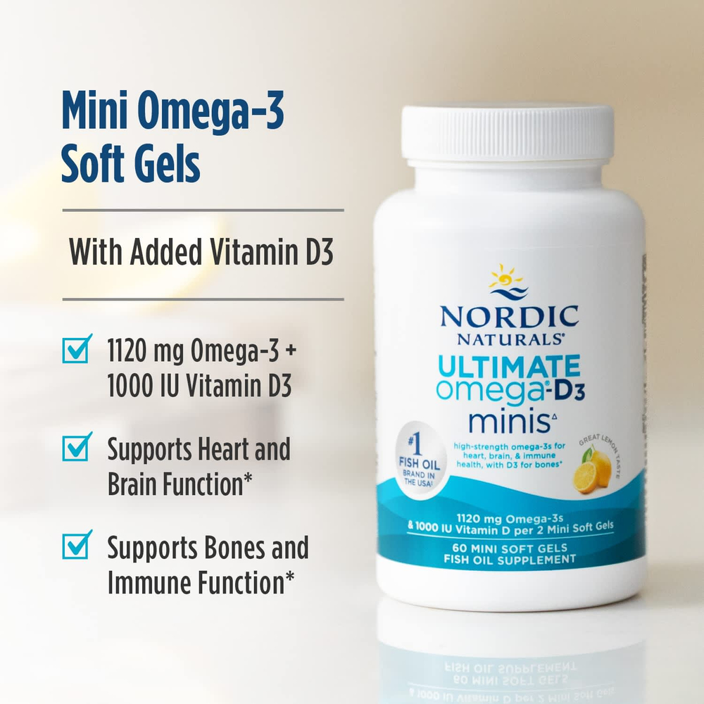 Nordic Naturals, Ultimate Omega®-D3 2X, лимон, 60 мини-капсул
