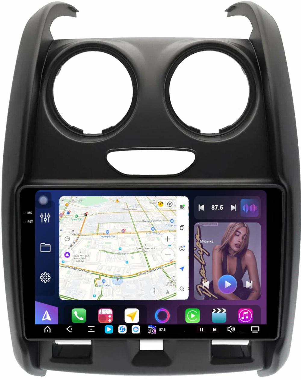 Магнитола для Renault Duster 1 2015-2020, Lada Largus 2021+ (без мультируля, рамка большая матовая) - FarCar GX9-7088TA монитор 9.5" 2K QLED на Android 14, TS20, 6+128Гб, CarPlay, 4G SIM-слот
