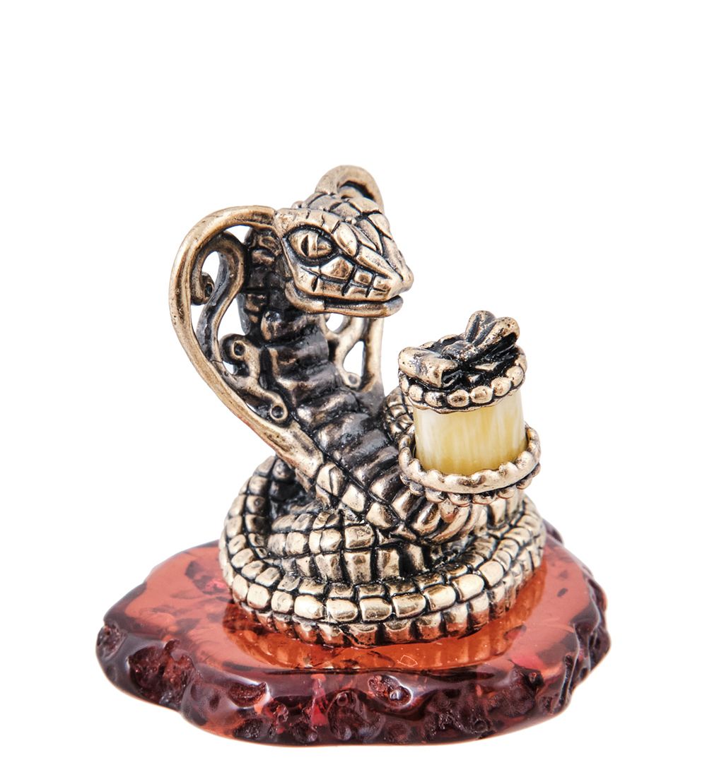 Народные промыслы AM-3980 Фигурка «Кобра с подарком» (латунь, янтарь)