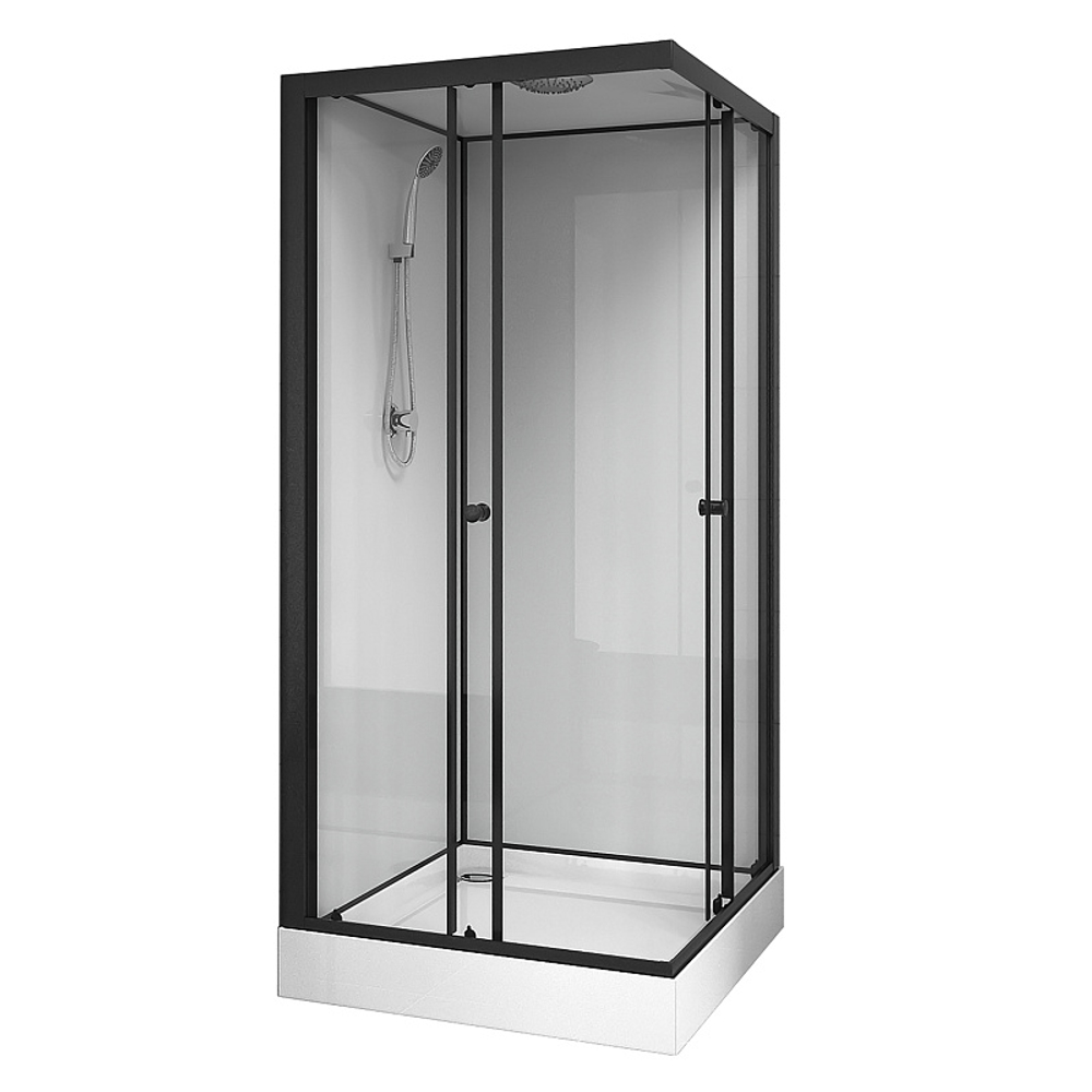 Душевая кабина Loranto NEO 90x90x(190+15) с низким поддоном 15см, прозрачное закаленное стекло 5 мм, задние стеклянные стенки белые, профиль черный-матовый (CS-22110)