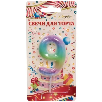 Свеча для торта Цифра Радуга «9» 6*4 см