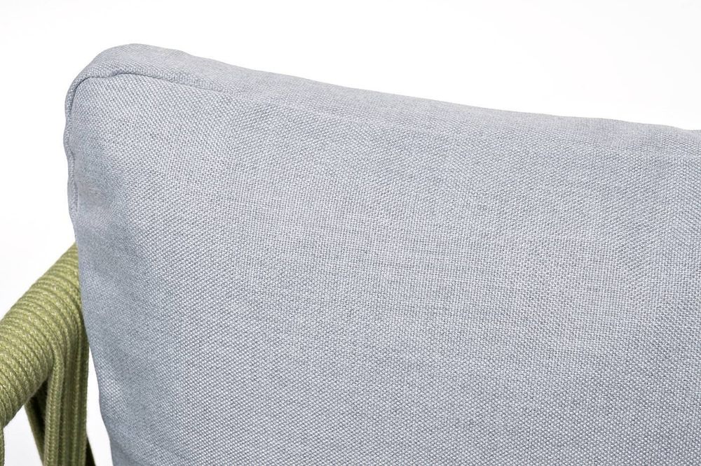 "Диего" диван 2-местный плетеный из роупа, каркас алюминий светло-серый (RAL7035) муар, роуп салатовый меланж круглый, ткань светло-серая