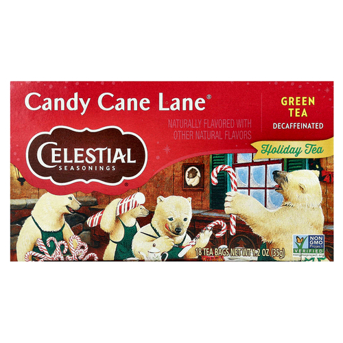 Celestial Seasonings, Holiday Green Tea, Candy Cane Lane®, без кофеина, 18 чайных пакетиков, 35 г (1,2 унции)