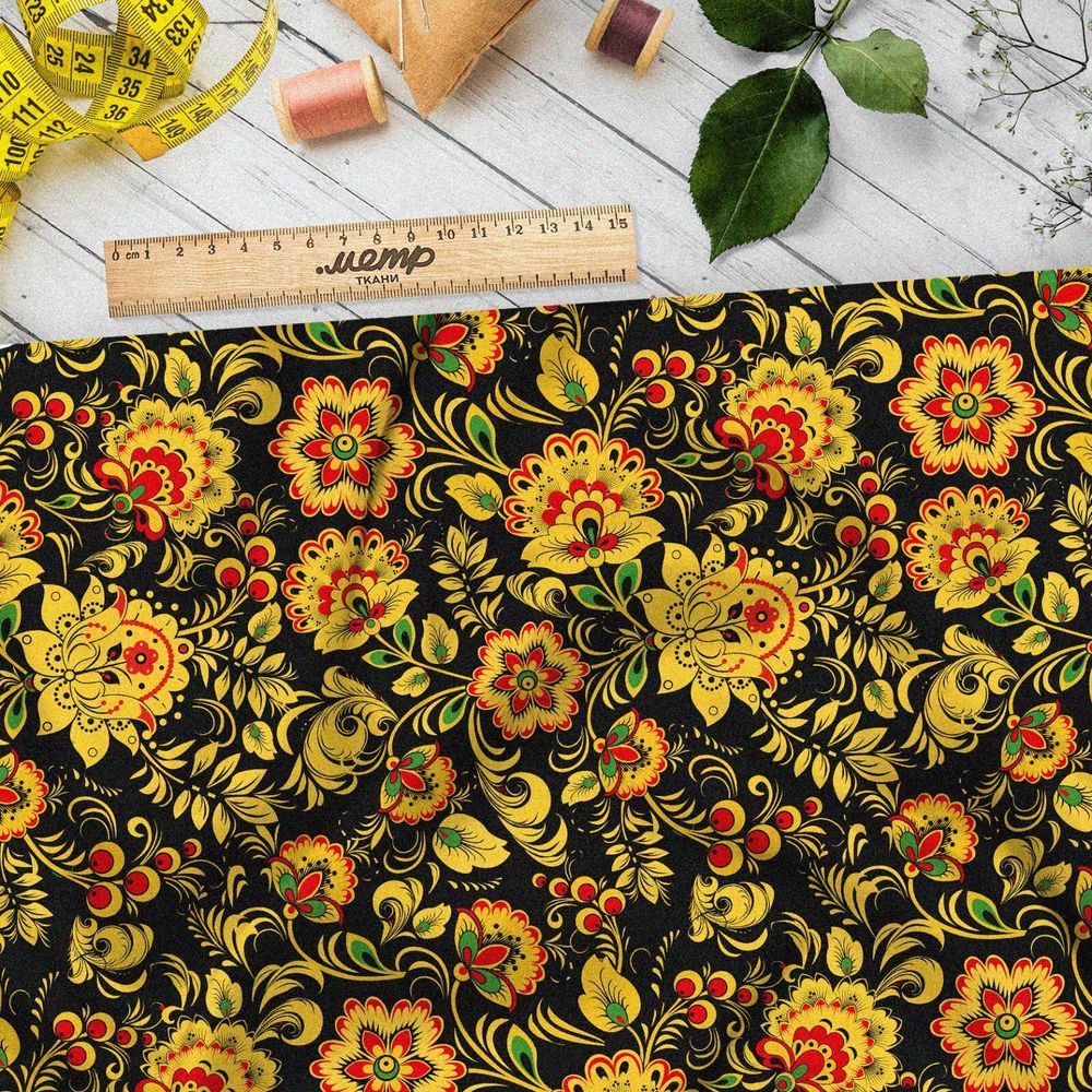 Ткань оксфорд 600 хохлома на чёрном