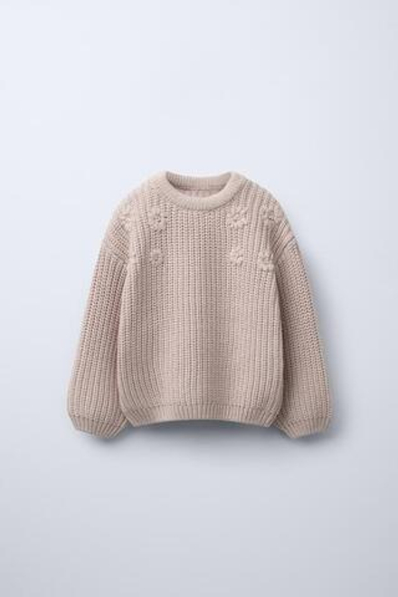 ZARA ТРИКОТАЖНЫЙ СВИТЕР С ВЫШИТЫМИ ЦВЕТАМИ, СВЕТЛО-БЕЖЕВЫЙ