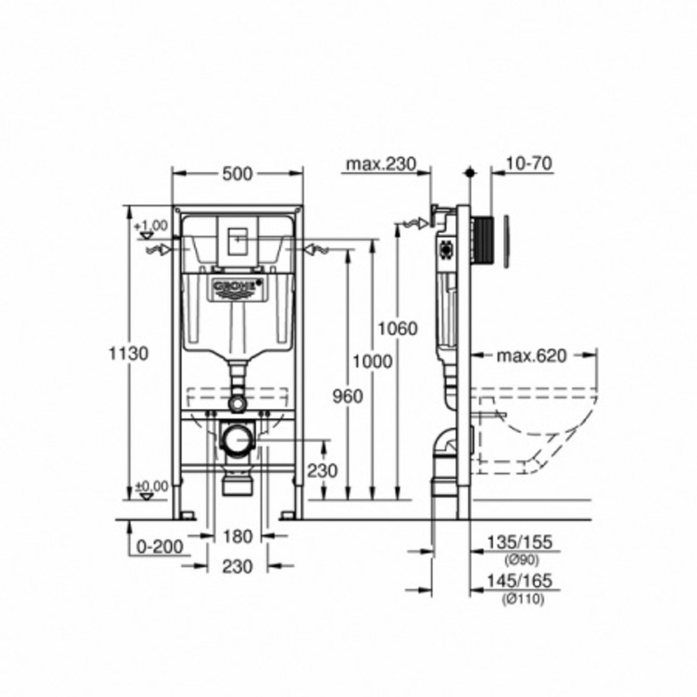 Grohe. Инсталляция Rapid SL 3 в 1 в сборе для подвесного унитаза, с накладной панелью Skate Cosmopolitan, 38772001