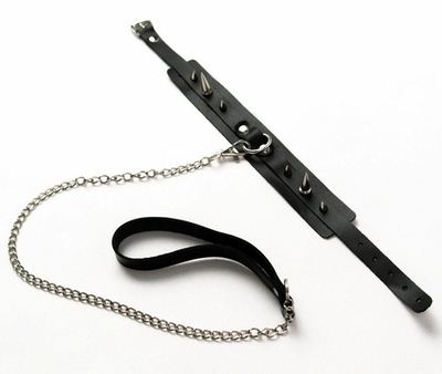 Черный ошейник с шипами и поводком (Цвет: черный)