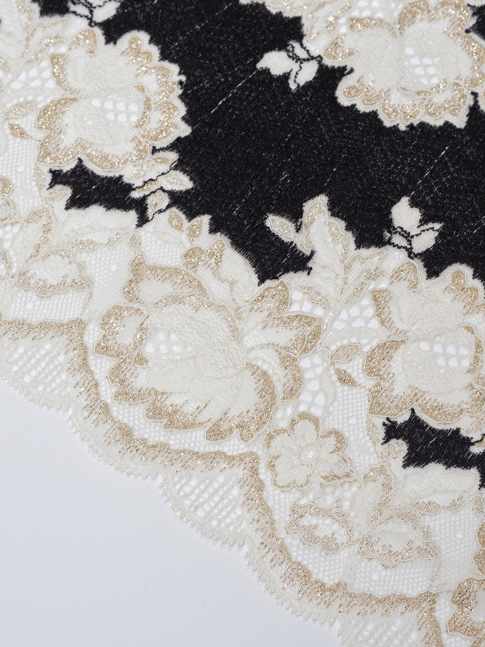 Эластичное кружево для белья черное с шампанью и золотым люрексом ширина 21 см